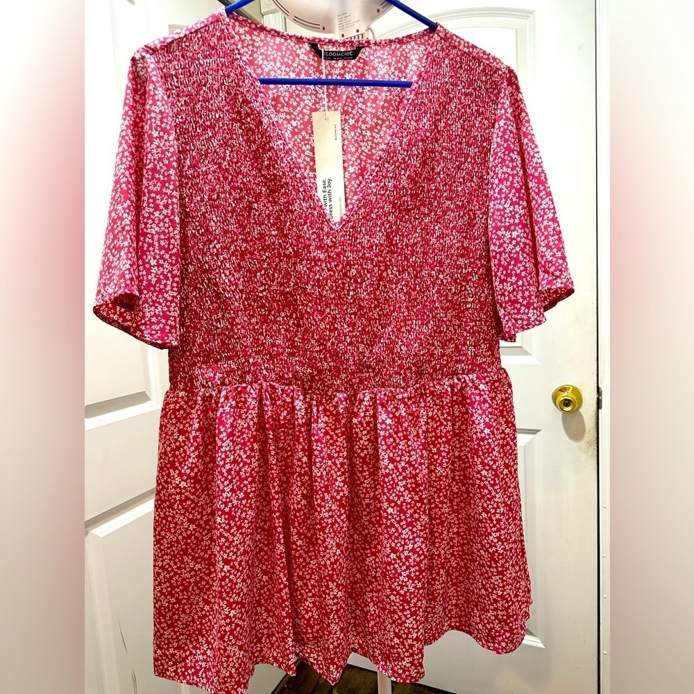 BloomChic Plus Size Ditsy Floral Shirred Ruffle Sleeve Elastic Waist Blouse